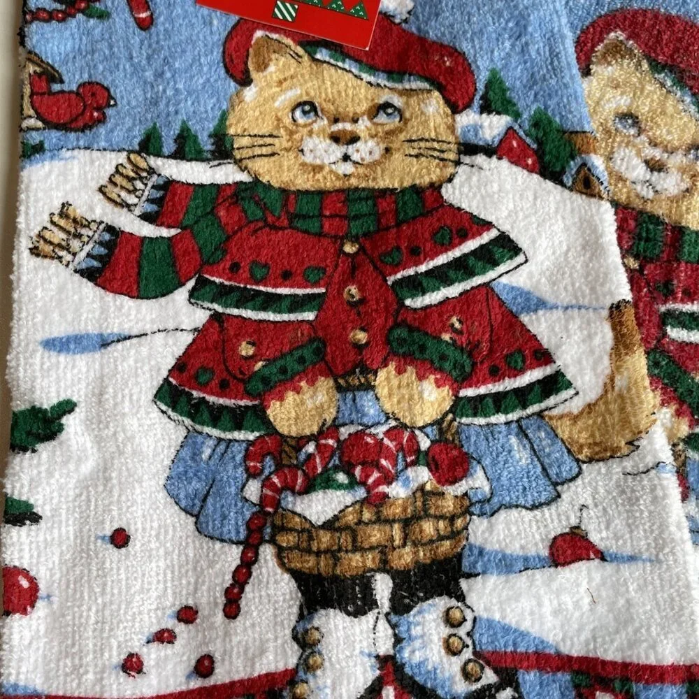 Vintage Christmas Classics Kitchen Towel Cat Kitten Anthropomorphic Set of 2